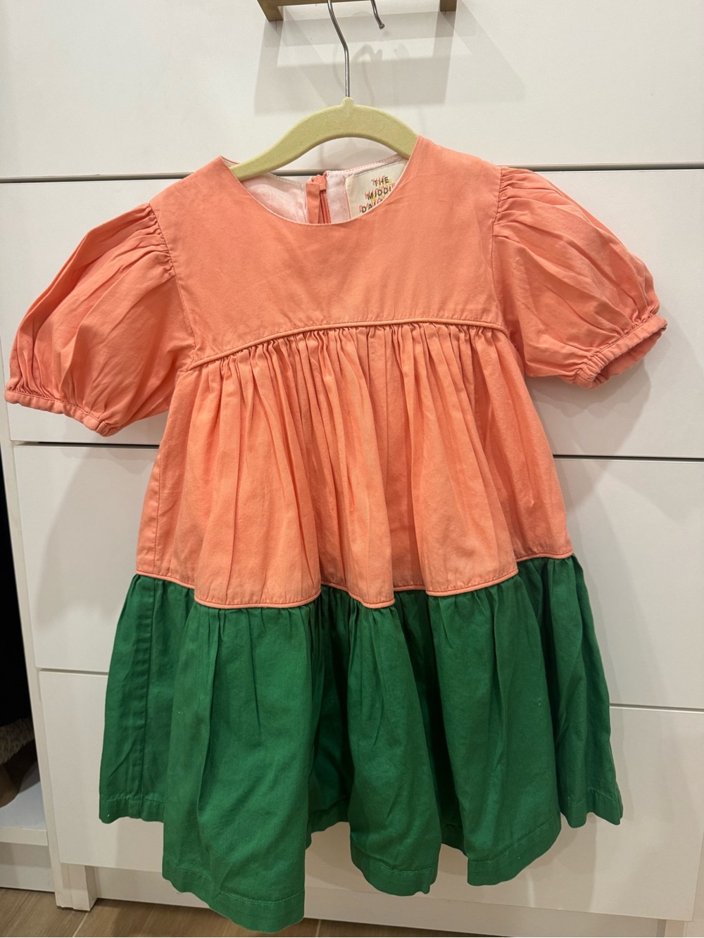 Coral and Green Tiered Puff-Sleeve Girls' Dress